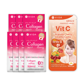 [2nd Set Mini] Vida Collagen Pure 3.5 g. 7 Sac. x  Vit C From Acerola And CamuCamu 14 Capsules 1 Sac.