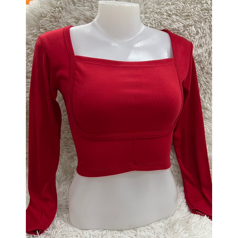 SNS328❤️เสื้อยืดแขนยาว คอเหลี่ยม❤️ผ้าร่อง