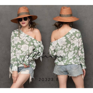 BLoOMaa Single-SHoULDeR ToP(2411)(2411)เสื้อไหล่เฉียงลายดอก เสื้อเชิ๊ตแขนยาวลายดอก เสื้อแขนยาว งานป้ายmirrorrsister