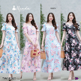 MM18367 แม็กซี่เดรสยาว เปิดไหล่ พิมพ์ลายดอกไม้ .Long maxi dress, open shoulder, floral print..