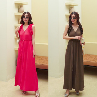 Nudeaholic 💚 1411 Ruffle Shoulders Maxi Pleated Dress เดรสmaxiพลีทคอวี แขนกุด ใส่ระบายช่วงไหล่ SA