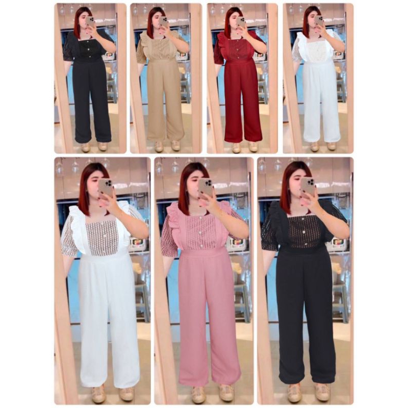 226.R ชุดจั้มขายาวสาวอวบ ชุดออกงาน รุ่นต่อลูกไม้ระบายข้าง มีสายมัดเอว น่ารัก