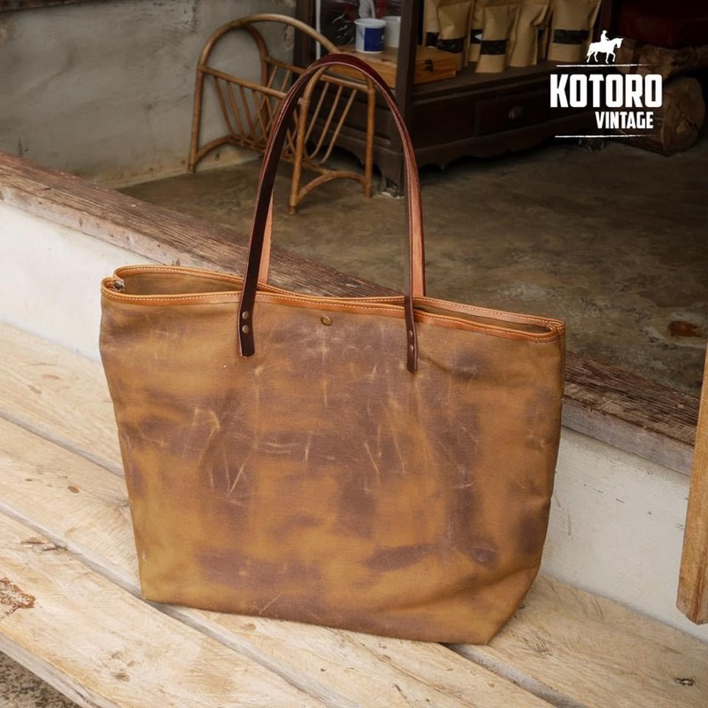 กระเป๋าโท้ท Tote Bag Washed Canvas กระเป๋าแคนวาสใบใหญ่ พาราฟินกันน้ำ