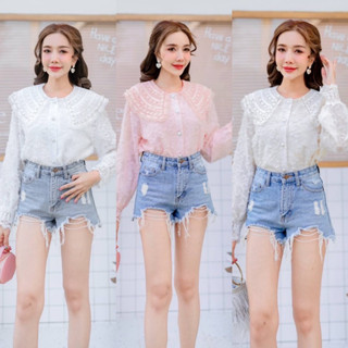 เสื้อเเขนยาว เสื้อเเต่งปกลูกไม้ โครเชต์ แต่งมุก