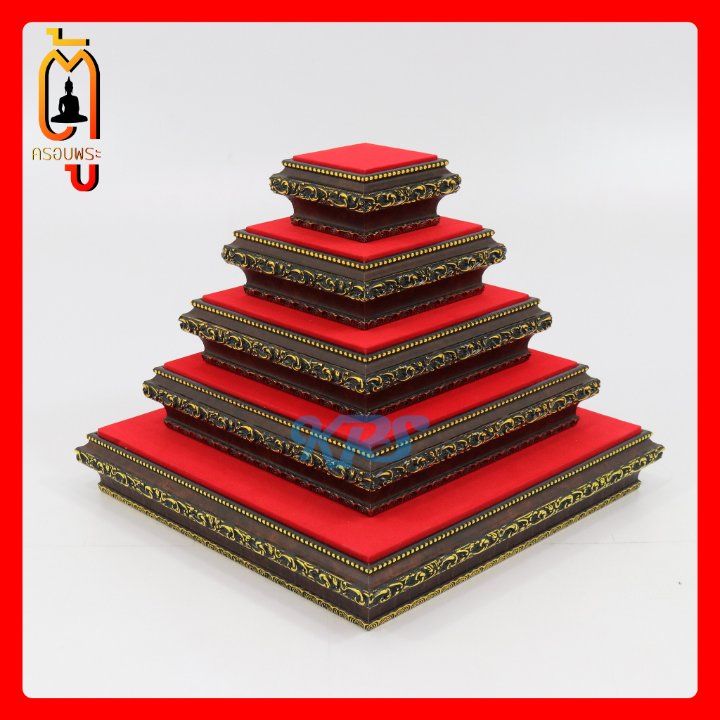 ฐานรองพระ สีโอ๊ค-เหลืองทอง ลายไทย ทรงสี่เหลี่ยมด้านเท่า ตู้ครอบพระ KPSThaistyle