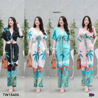 JK18400 Set 2 ชิ้น เสื้อแขนสั้นผูกโบว์ด้านหน้า ลายต้นมะพร้าว + กางเกงขายาวเอวยางยืดด้านหลัง มีกระเป๋าล้วงด้านข้าง งานสวย