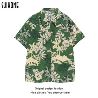 Suikone เสื้อเชิ้ตแขนสั้นสีเขียว ปกหลวมๆ สบายๆ สำหรับผู้ชาย เสื้อยืดลายดอกฮาวาย ใส่สบาย ระบายอากาศได้ดี เหมาะสำหรับการเดินทาง