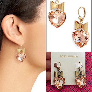 🎀 (สด-ผ่อน) ต่างหู คริสตัลหัวใจสีชมพูพีช 51817 Heart &amp; Bow Drop Earrings In Shiny Brass/ Pale Papaya