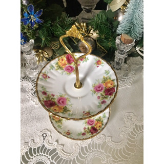 Royal Stafford Cake Stand England ชั้นขนมลายดอกไม้โทนแดงชมพูเหลือง สวยคลาสสิกสำหรับ Afternoon Tea