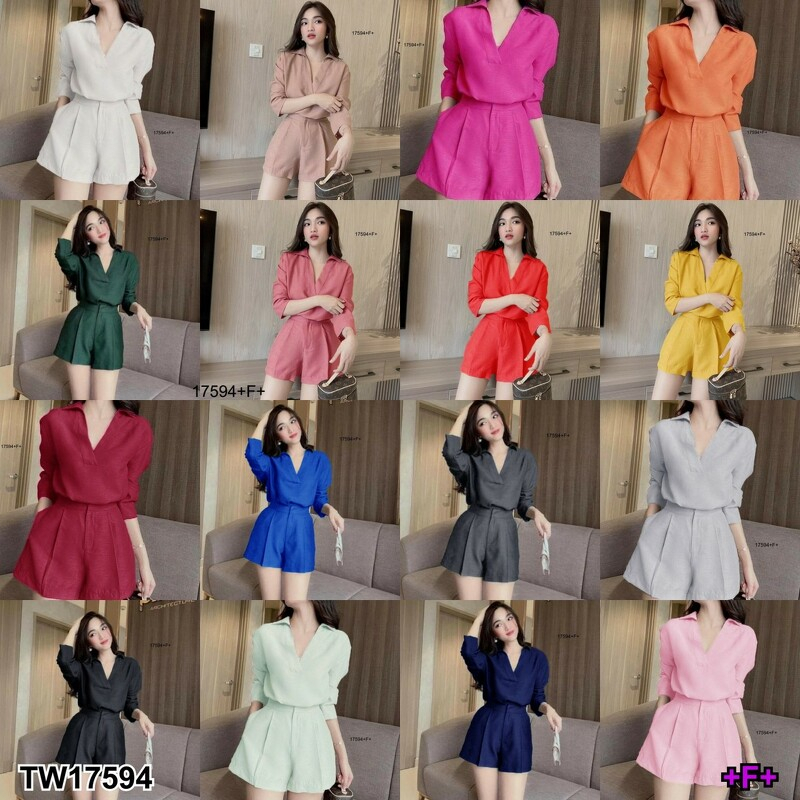 Set 2 ชิ้น เสื้อคอปกแขนยาว + กางเกงขาสั้น MM17594 Set of 2 pieces. Long sleeve shirt + shorts.Set of