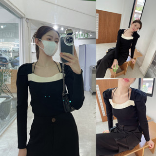 SLYQ EMMA TIE NECK KNIT BLOUSE เสื้อ Knit ไหมพรมผูกหลังคอสีครีมดำ