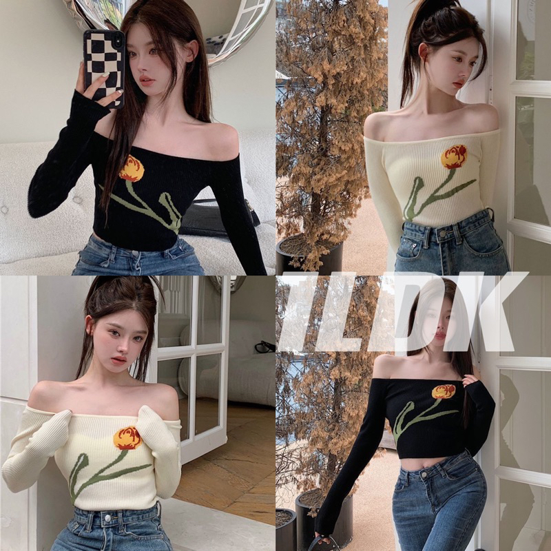 1LDK พร้อมส่ง เสื้อเปิดไหล่ เสื้อครอบ ไหมพรมแขนยาว ปักดอกไม้สวยงาม(98116)
