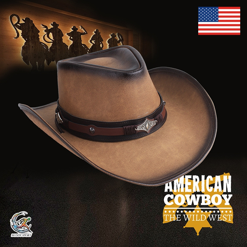 05X9 หมวก Cowboy หนังกลับสุดคลาสสิค ทรงวินเทจ มีสายรัดคาง ทำจากหนังเทียมเกรดพรีเมี่ยม แข็งแรง ทนทาน