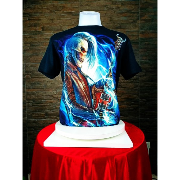 เสื้อยืด คอกลม สีดำ ผ้าCotton100% ROCK CHANG HD97 ลายหัวกระโหลกกับกีต้าร์คู่ใจ