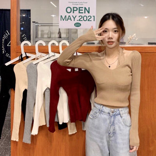 🧚‍♀️✨JNSHOPTH ✨🧚‍♀️เสื้อถักแขนยาวสายผูกคล้องคอใส่สวยJNK279-1