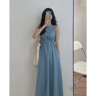 พร้อมส่ง ชุดเดรสยาว สีพื้น แขนกุด สไตล์เกาหลี ใส่สบาย น่ารักมากๆ