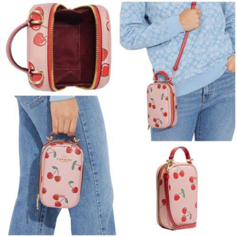 (ผ่อน0%) กระเป๋าสะพายข้าง ใส่โทรศัพท์ Coach Eva Phone Crossbody With Heart Cherry Print CF371 สีชมพู ลายเชอรี่สีแดง