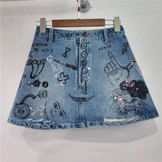 Pre -Denim skirt กระโปรงยีนส์ พิมพ์ลาย