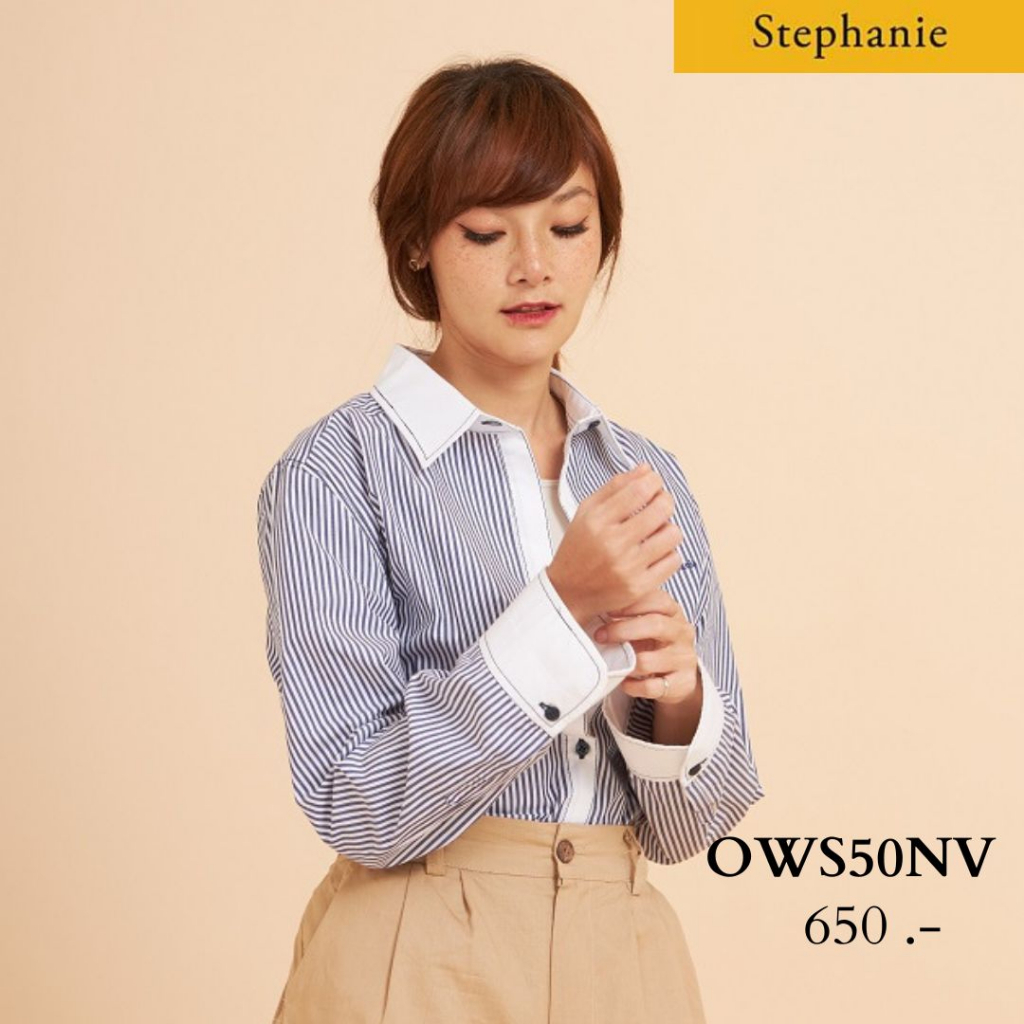 GSP Stephanie เสื้อมีปก แขนยาว ลายทางสีน้ำเงินขาว (OWS50NV)