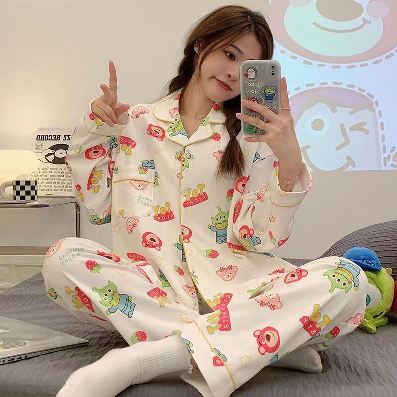 SYพร้อมส่ง ชุดนอนลายการ์ตูน สไตล์ญี่ปุ่น เกาหลี เสื้อแขนยาว+กางเกงขายาวใส่สบาย งานผ้าไหมนม