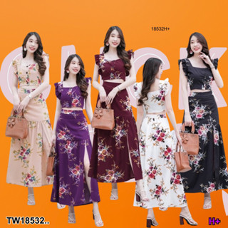 TwinsShopVip💗พร้อมส่ง TW18532 set 2 ชิ้น เสื้อครอปไหล่ระบายลายดอกไม้ + กระโปรงยาวลายดอกไม้ ผ้าหน้า ..