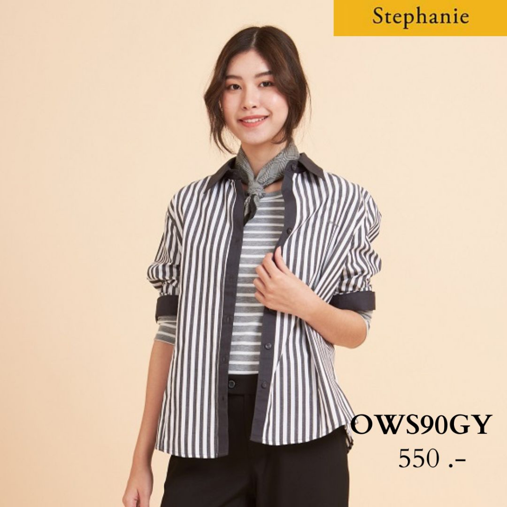 GSP Stephanie เสื้อเชิ้ตแขนสั้นลายทาง สีเทาตัดสีขาว(OWS90GY)