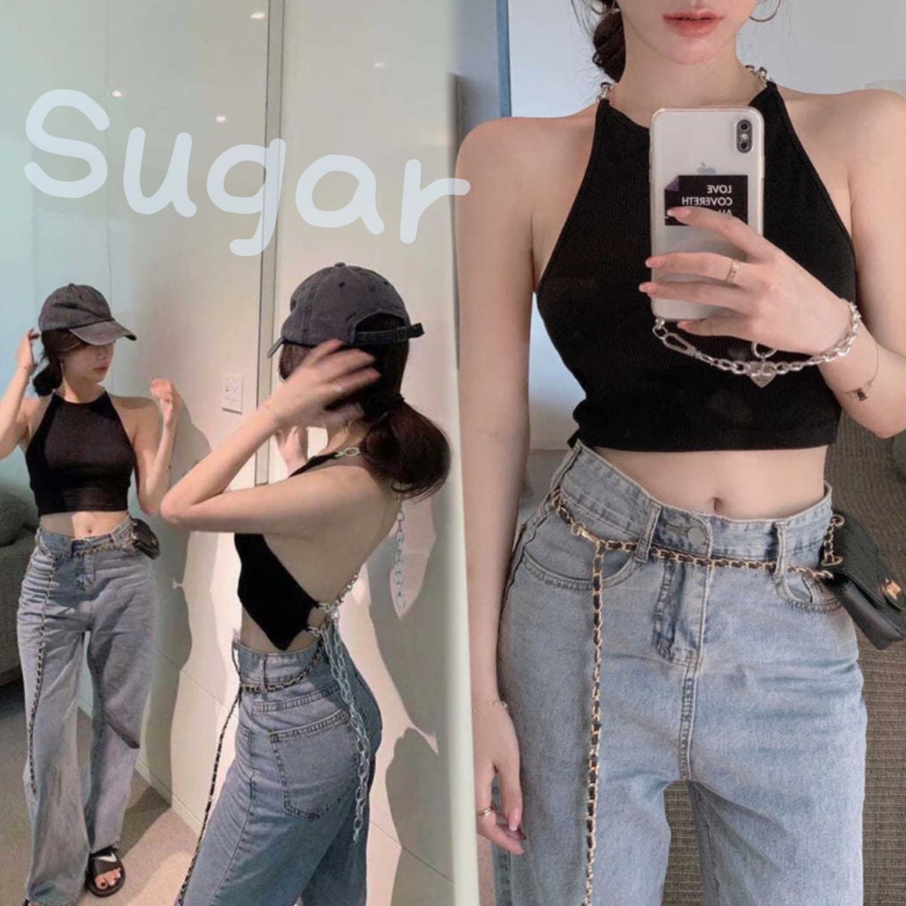 Sugar พร้อมส่ง เสื้อเว้าหลัง เสื้อครอป มีโซ่เหล็ก เซ็กซี่มาก(P020)