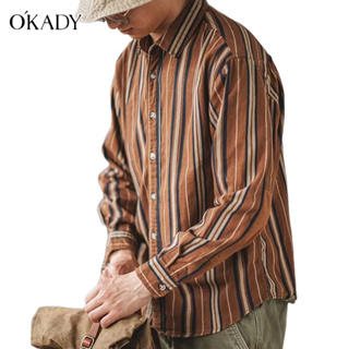 OKADY【COD】เสื้อเชิ้ต แขนยาว สีพื้น ลายทางแนวตั้ง สไตล์วินเทจ เกาหลี สำหรับผู้ชาย ไซซ์ M-3XL