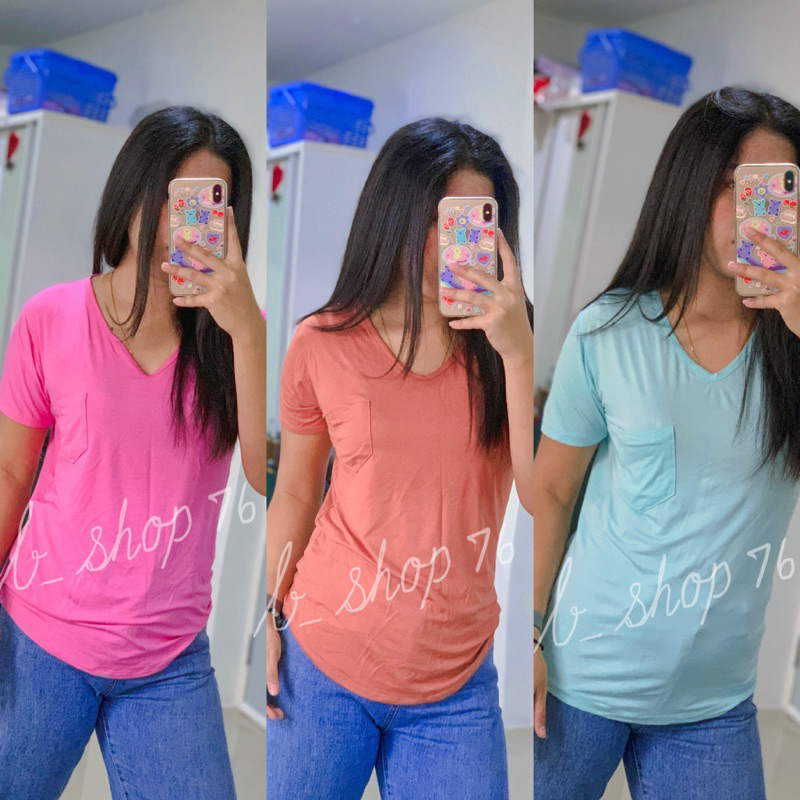 เสื้อเรย่อนคอวีมีกระเป๋า อก36-42 ยืดสุด44 ผ้ายืดตามตัว งานรัดรูป มีบริการเก็บปลายทาง สินค้าถ่ายจากงานจริง BS006