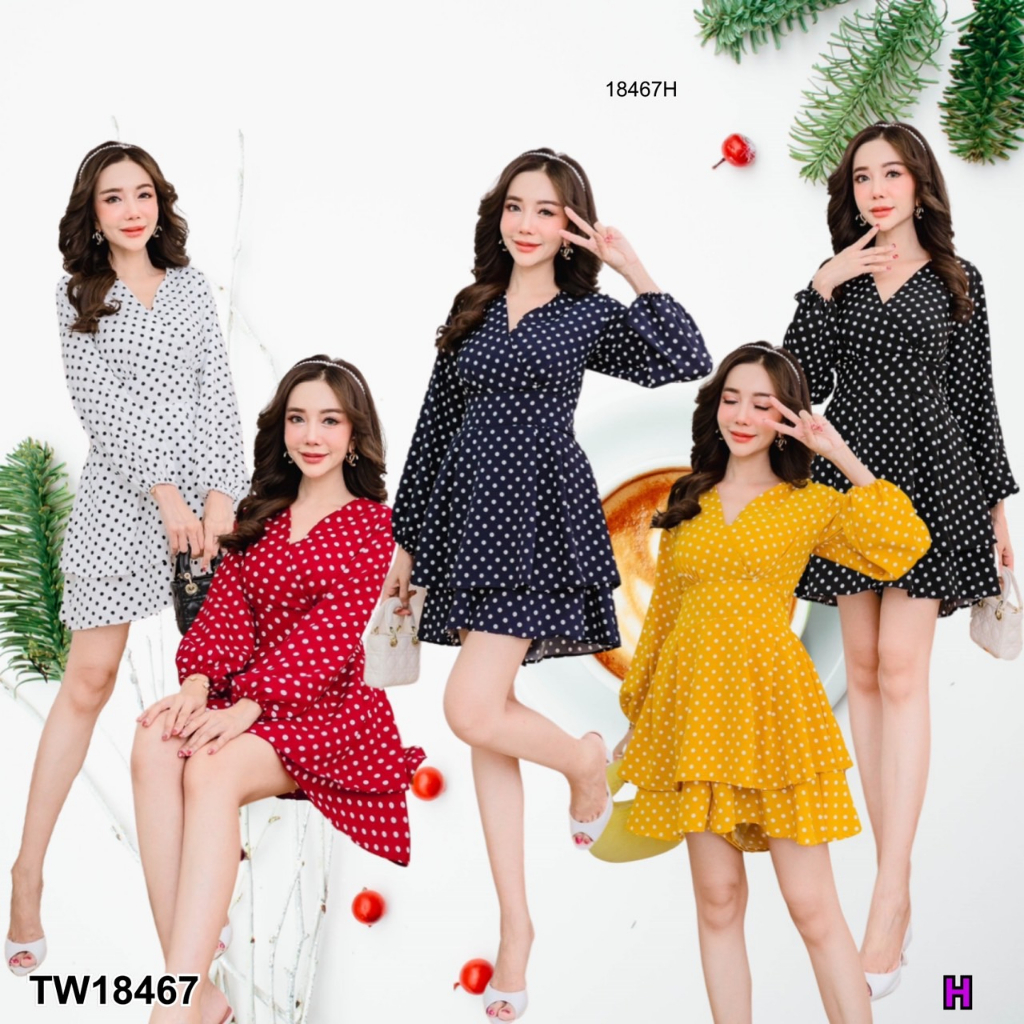 MF18467 Jumpsuit จั้มสูทกางเกง กระโปรงขาสั้น คอวี แขนยาว ผ้าไหมอิตาลี่ พิมพ์ลายจุดทั้งชุด มีซิปซ่อนหลัง เอวเย็บติดสายผู