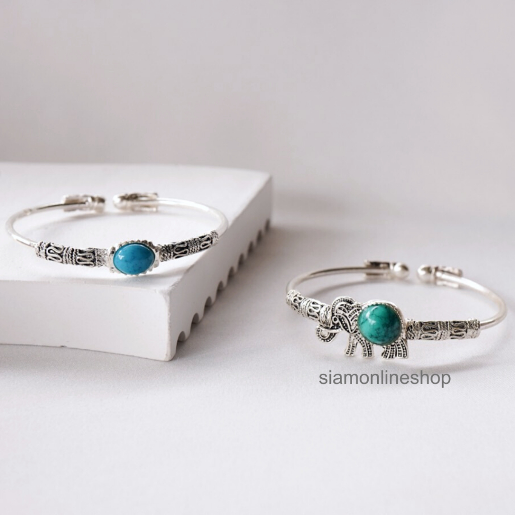 Siamonlineshop กำไลสเตนเลส ชุบเงิน ประดับหินเทอร์ควอยซ์ มีให้เลือก 2 แบบ รุ่น siam-silbra0004