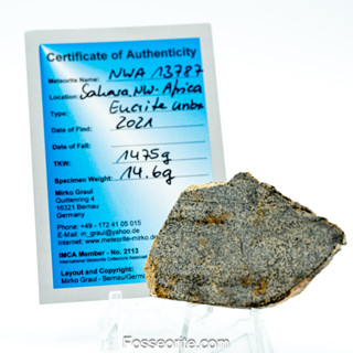 อุกกาบาต  NWA 13787 ชนิด Eucrite unbrecciated Achondrite Basalt พร้อมใบรับรอง จาก Germany #2 หนัก 14.6g