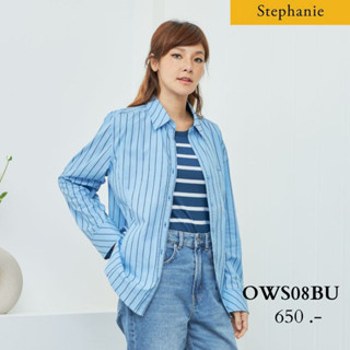 Stephanie Shirt เสื้อเชิ้ตแขนยาวสีฟ้าลายทางสีดำ คอปก เนื้อผ้าคอตตอน(OWS08BU)