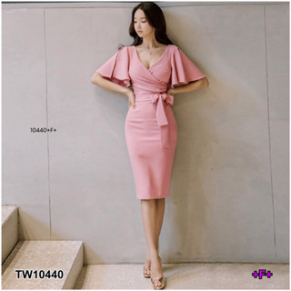 TW10440 Dress เดรสแขนระบายคอวีไขว้จีบ