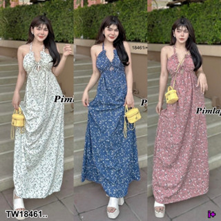 18461 เดรสสายคล้องคอ มัดด้านหลัง พิมพ์ลาย Dress, neck strap, tie back, print