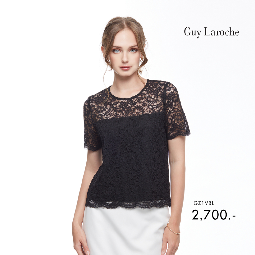 Guy Laroche เสื้อผู้หญิง ผ้าลูกไม้ Luxury Lace black คอกลม แขนสามส่วน สีดำ (GZ1VBL)