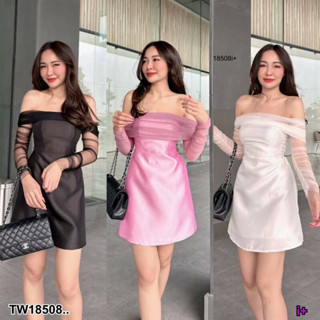 TT18508 เดรสแต่งแขนมุ้ง มีซิปหลัง Dress decorated with mosquito net sleeves. There is a back zipper..