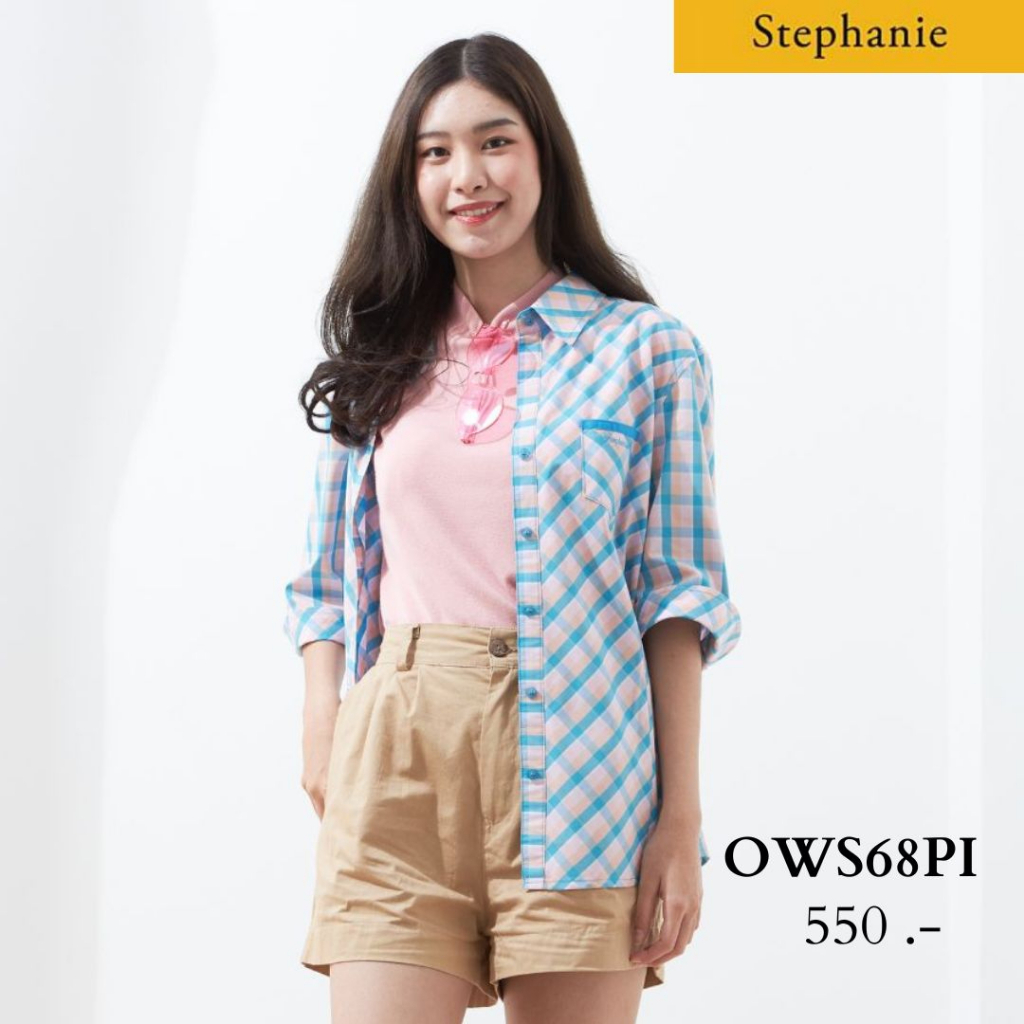 Stephanie Shirt เสื้อเชิ้ตแขนสั้นสีชมพูลายสก๊อตสีฟ้า เนื้อผ้าคอตตอน คอปก(OWS68PI )