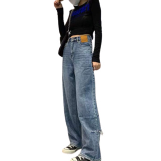 โปรโมชั่น Flash Sale : 1LDKพร้อมส่งกางเกงยีนส์ผู้หญิง กางเกงยีนส์ขายาว ทรงกระบอก กระเป๋าหลังขาดเท่ๆ ล่างขาขาดเท่ๆ(9033)