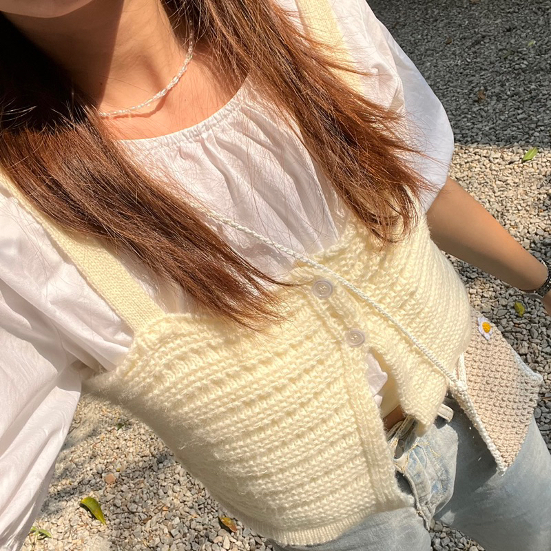 🧨New in stock ✨ set กระเป๋าคู่พวงกุญแจถักดอกdaisy 🌼น่ารักๆแต่งขอบสี twotone - รูปที่ 7