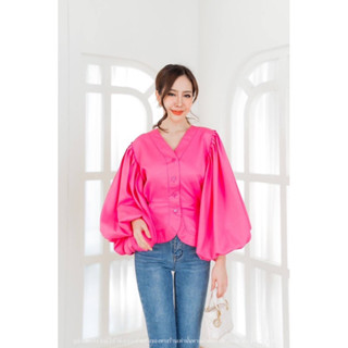 เสื้อคอวีกระดุมหน้าแขนพอง สม็อคหลัง สาวอวบใส่ได้ เสื้อออกงาน