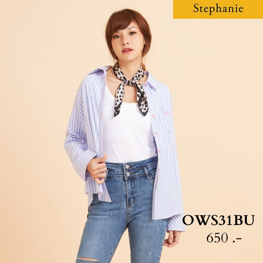 GSP Stephanie เสื้อมีปก แขนยาว ลายทางสีม่วงฟ้าอ่อน (OWS31BU)
