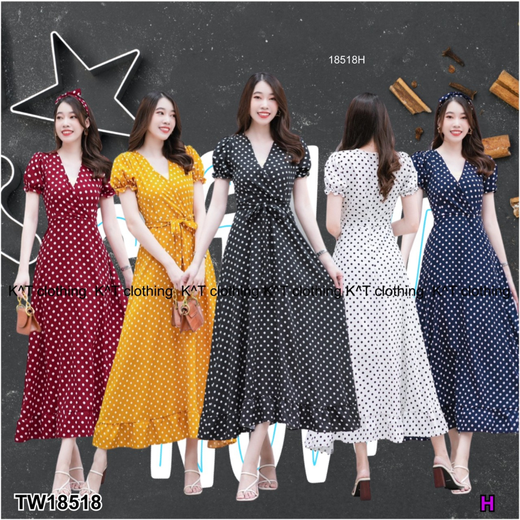 Pfashion [ส่งไวมาก ] P18518 เดรสยาวลายจุดแขนพอง + สายผูกเอว ..