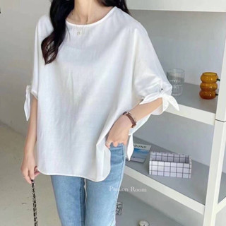 Oversized Linen Shirt  เสื้อคอกลมงานผ้าลินินโอเวอร์ไซร้ทรงปล่อยหลวมๆดีเทลช่วงแขนมัดโบว์น่ารักๆแฟชั่นสไตล์เกาหลี