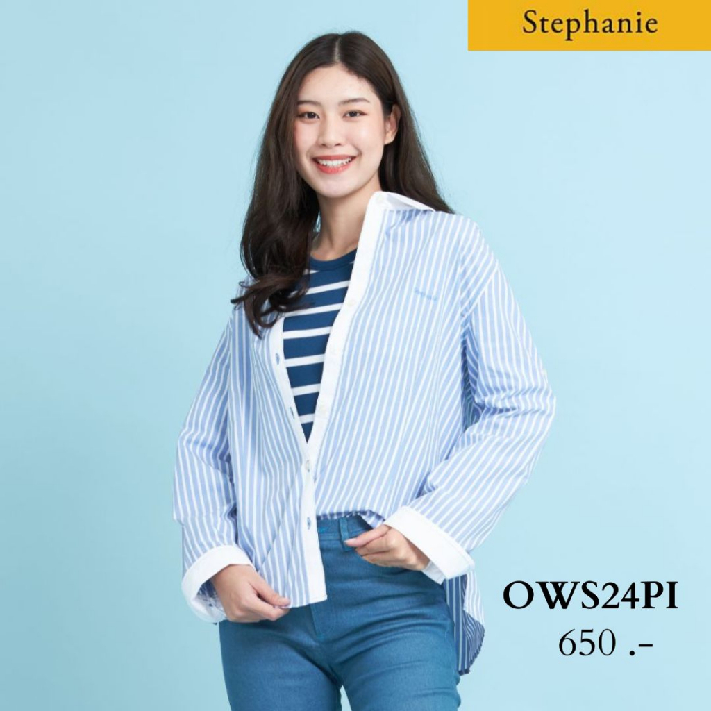 GSP Stephanie เสื้อมีปก แขนยาว ลายทางสีฟ้าขาว (OWS24PI)