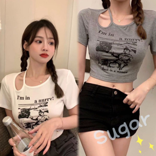 🌈พร้อมส่ง🌈เสื้อยืด เสื้อครอป แขนสั้นคอกลม โชว์ไหล่ข้าง(6732)