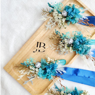 ข้อมือดอกไม้  Blue tone สีฟ้า bridesmaid  ไฮเดรนเยีย ริบบิ้นผูกข้อมือ เพื่อนเจ้าสาว ดอกไม้แห้ง ชุดเพื่อนเจ้าสาว