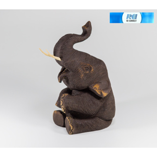 ช้างไม้แกะสลัก นั่ง ชูงวง ไม้สัก มงคล หัตถกรรม ไทย Wooden Handmade Black Elephant For Home Deco Sit Statue OTOP Thailand