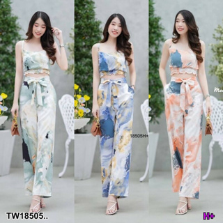 MM18505 set 2 ชิ้น เสื้อครอปสายเดี่ยวลายมาเบิ้ล + กางเกงขายาวผูกโบว์เอว .Set of 2 pieces. Cropped top with marble patter