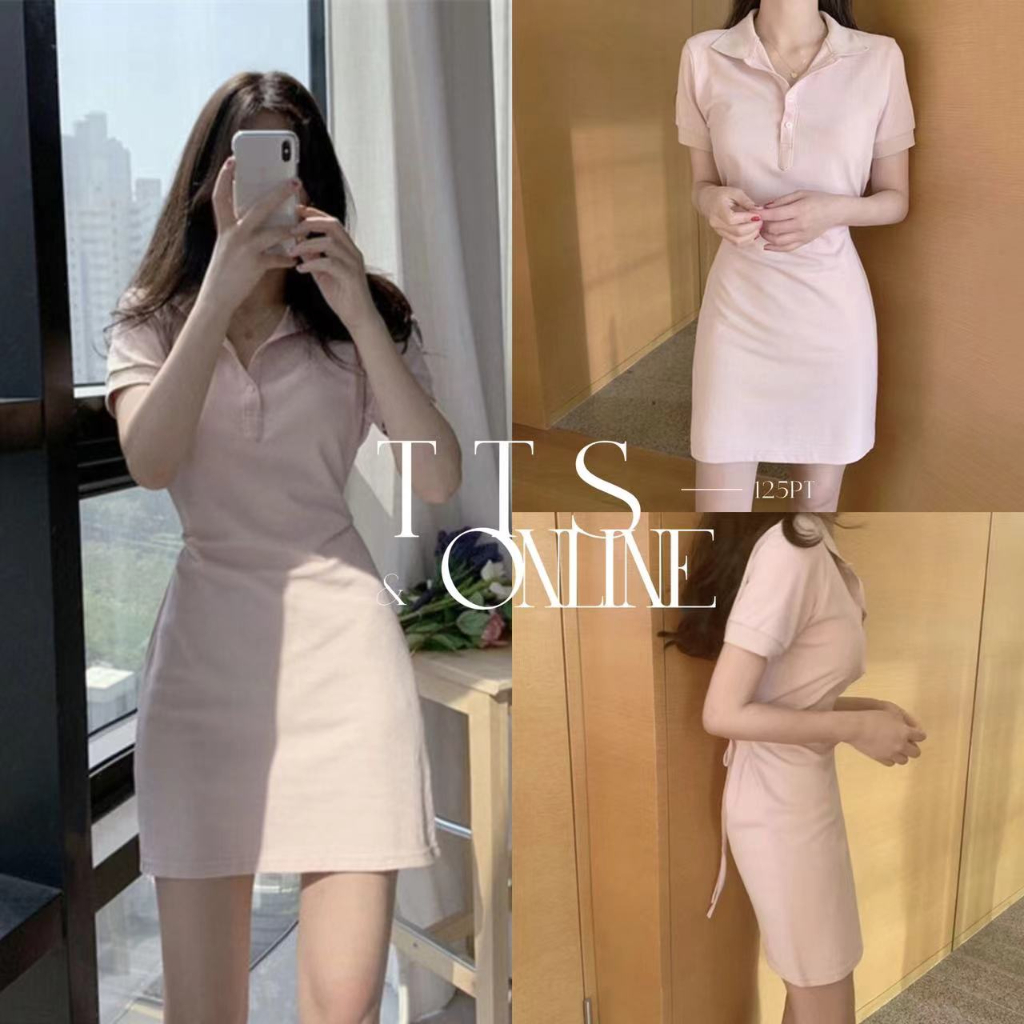 TTS ชุดเดรสผูกเอวโปโลลดอายุสีชมพูใหม่ของเกาหลี(ส่วนสูงแนะนำต่ำกว่า 160)